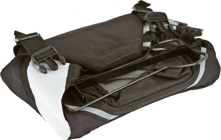 Black collapsible pet bicycle carrier with mesh sides and adjustable straps for easy bike attachment