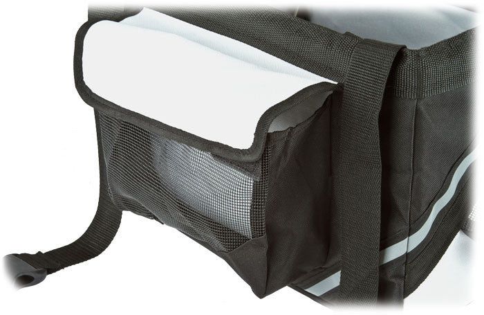 Black collapsible pet bicycle carrier with mesh side pocket and adjustable straps for secure bike pet transport