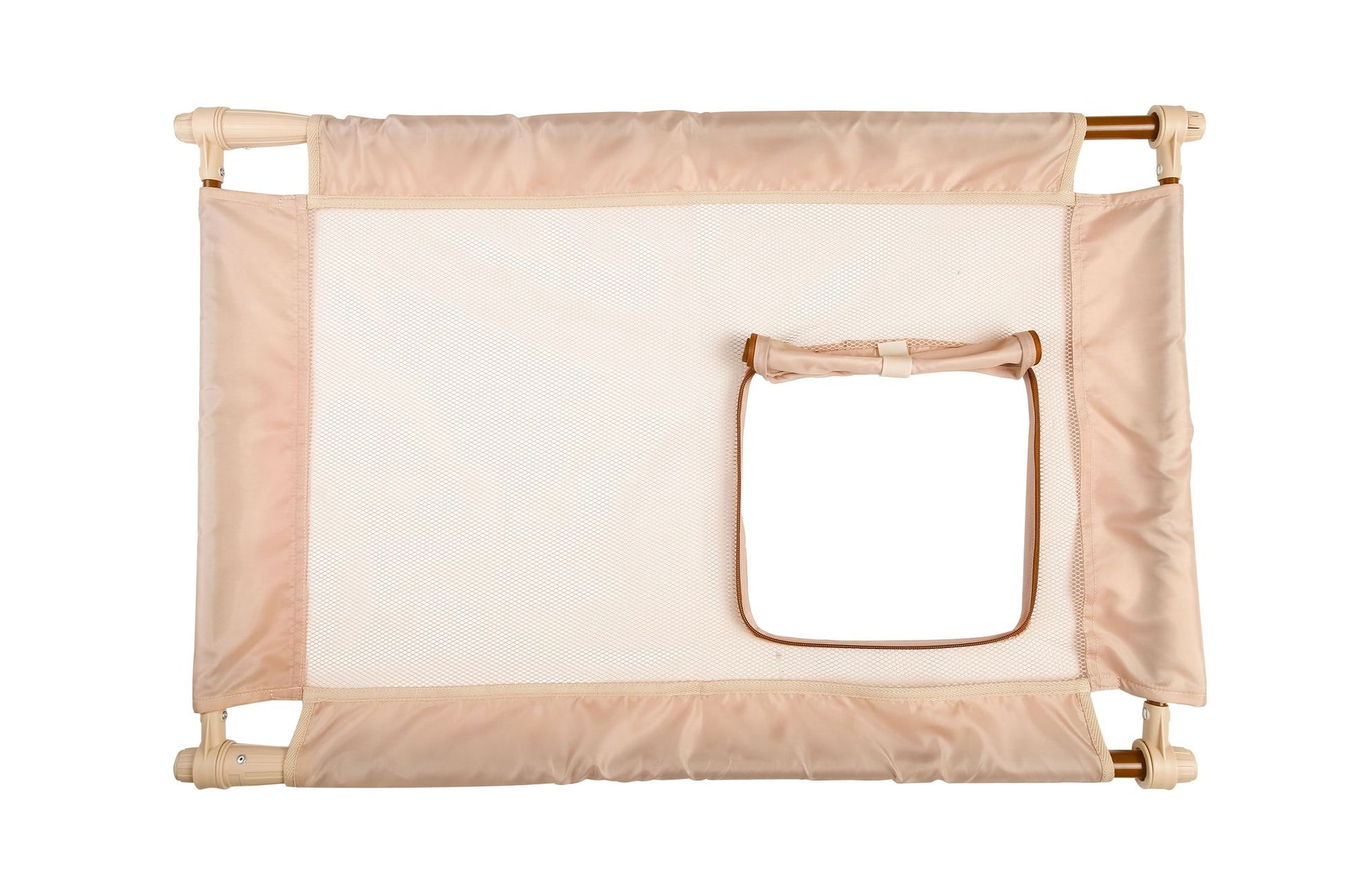 Beige collapsible pet gate for travel with fabric panel and small door window