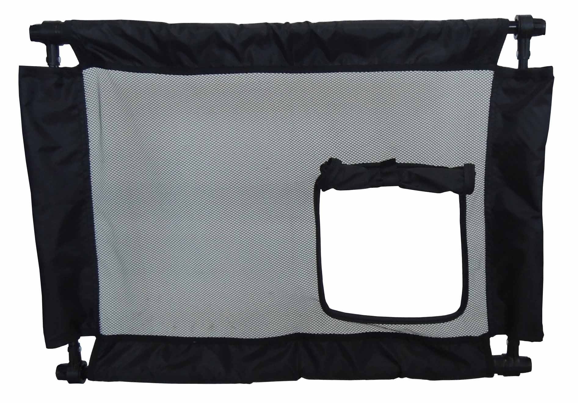 Black and gray mesh collapsible pet gate for travel with adjustable frame and small door flap