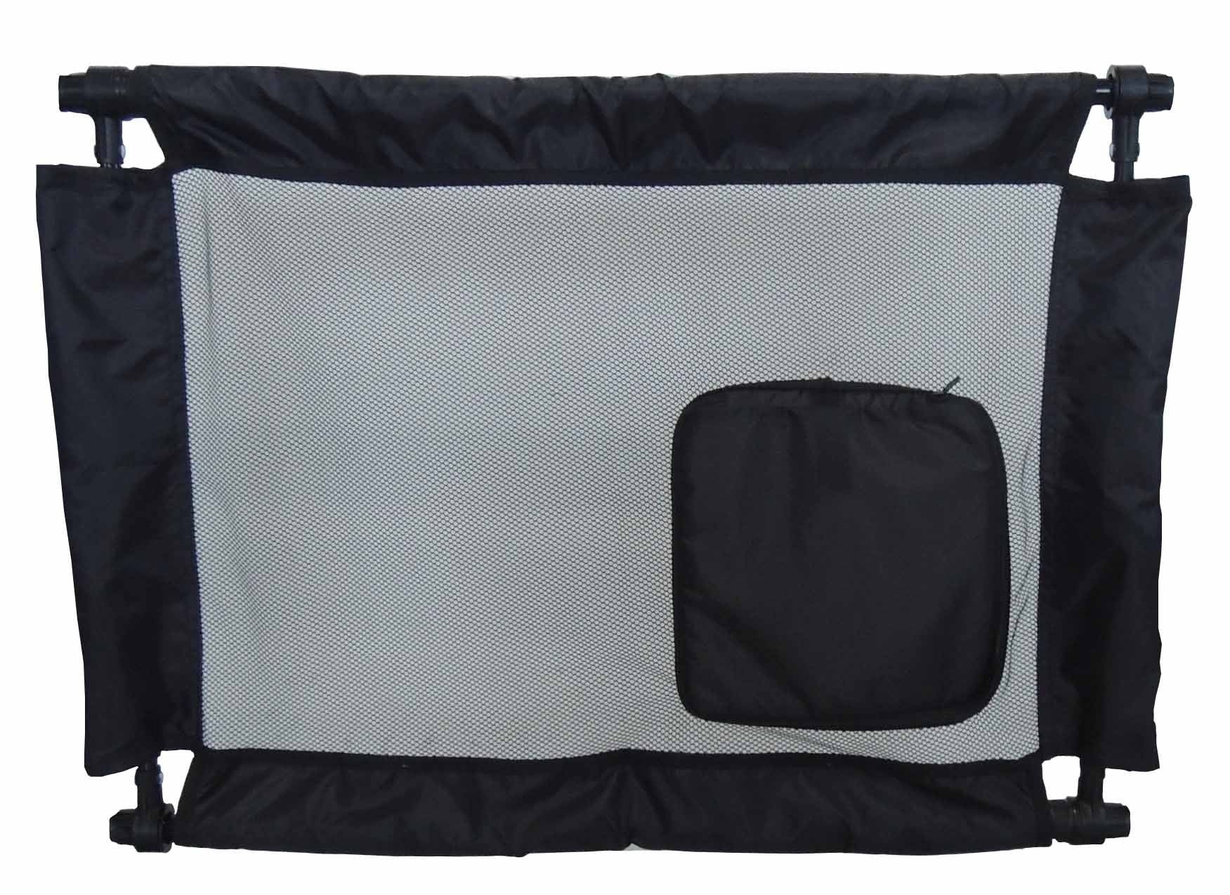 Collapsible pet gate for travel in black and gray mesh with a compact foldable design