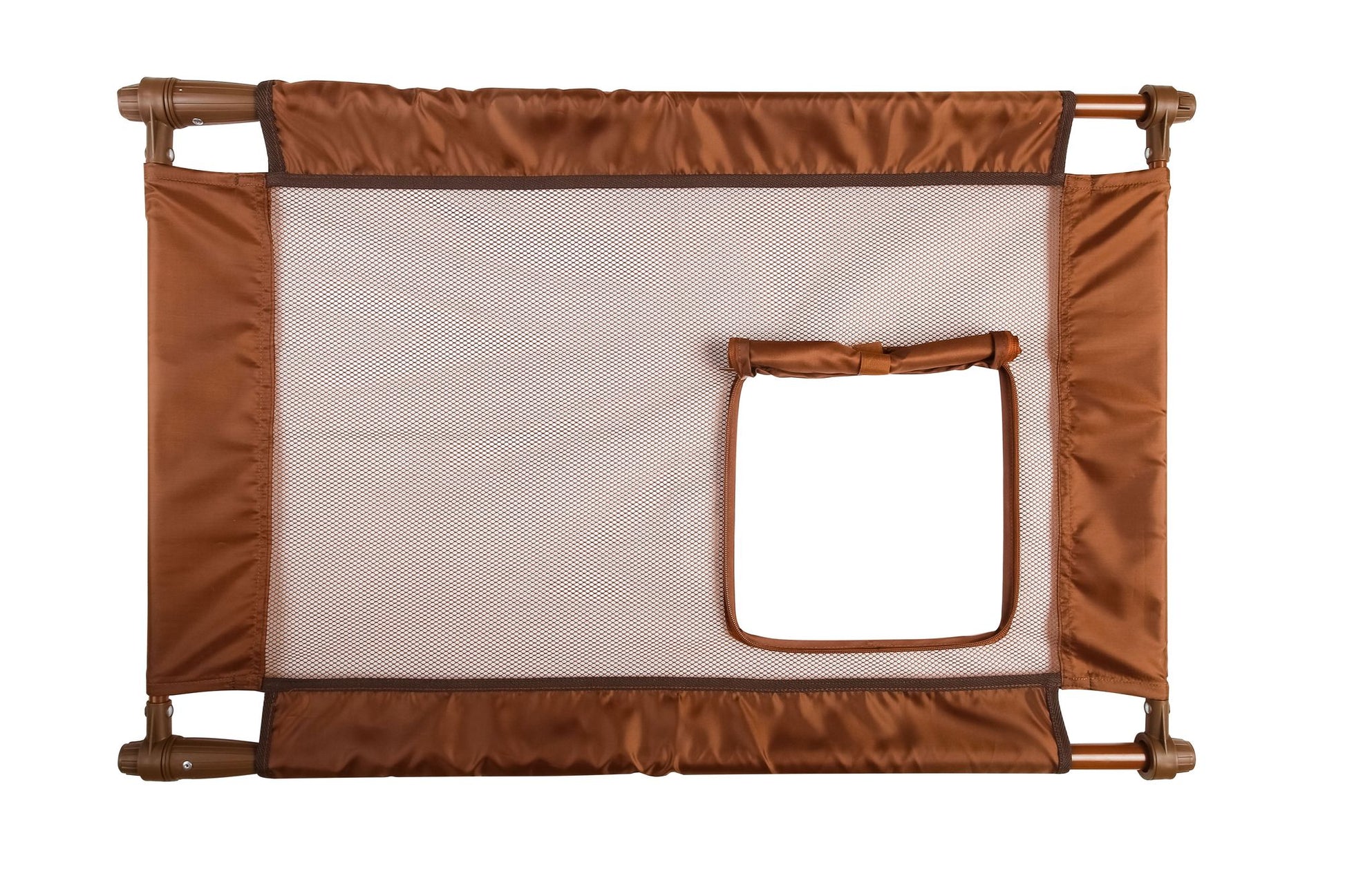 Brown collapsible pet gate for travel with mesh center and small pet door for easy access