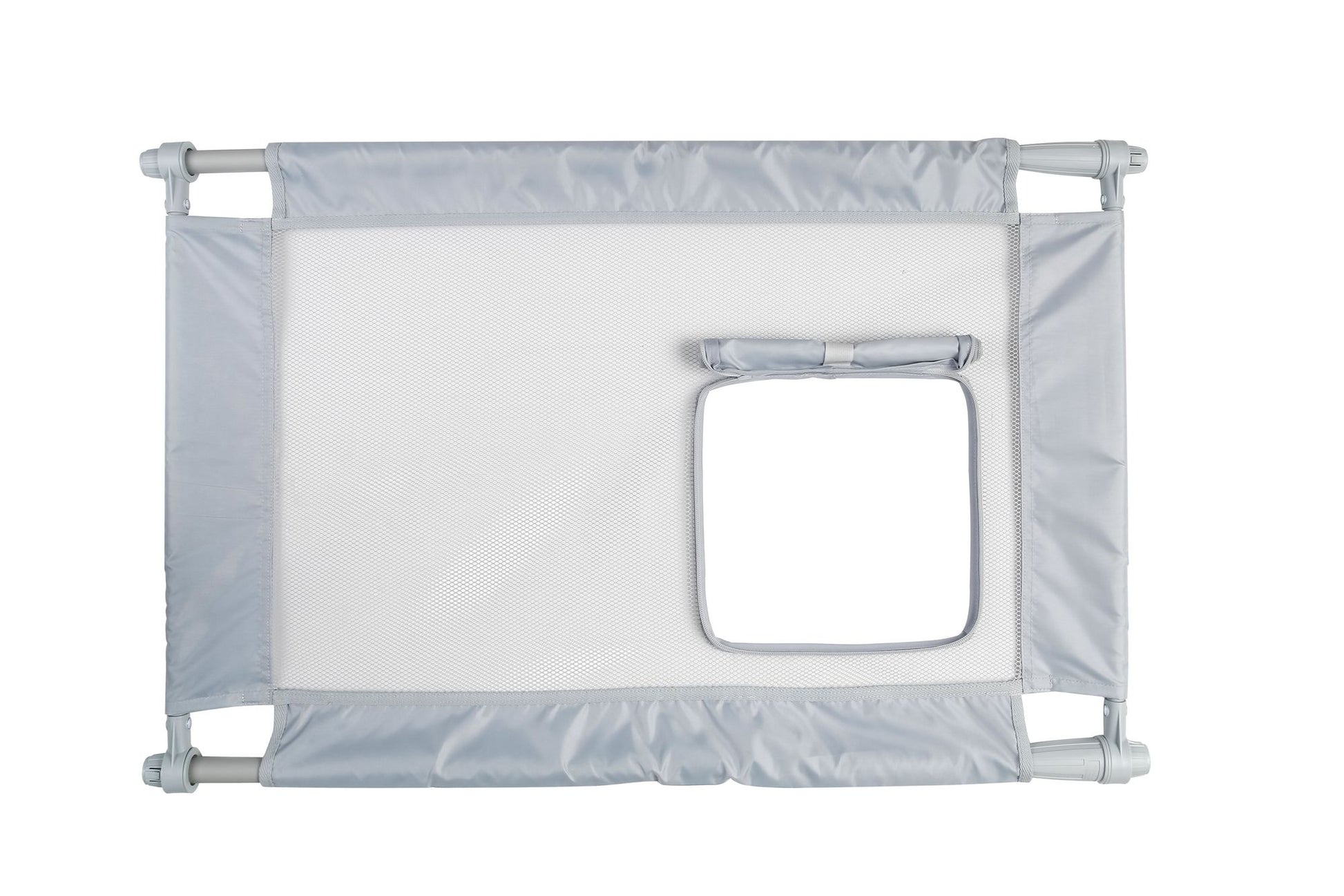 Collapsible pet gate for travel in light gray with mesh center and small opening for pets