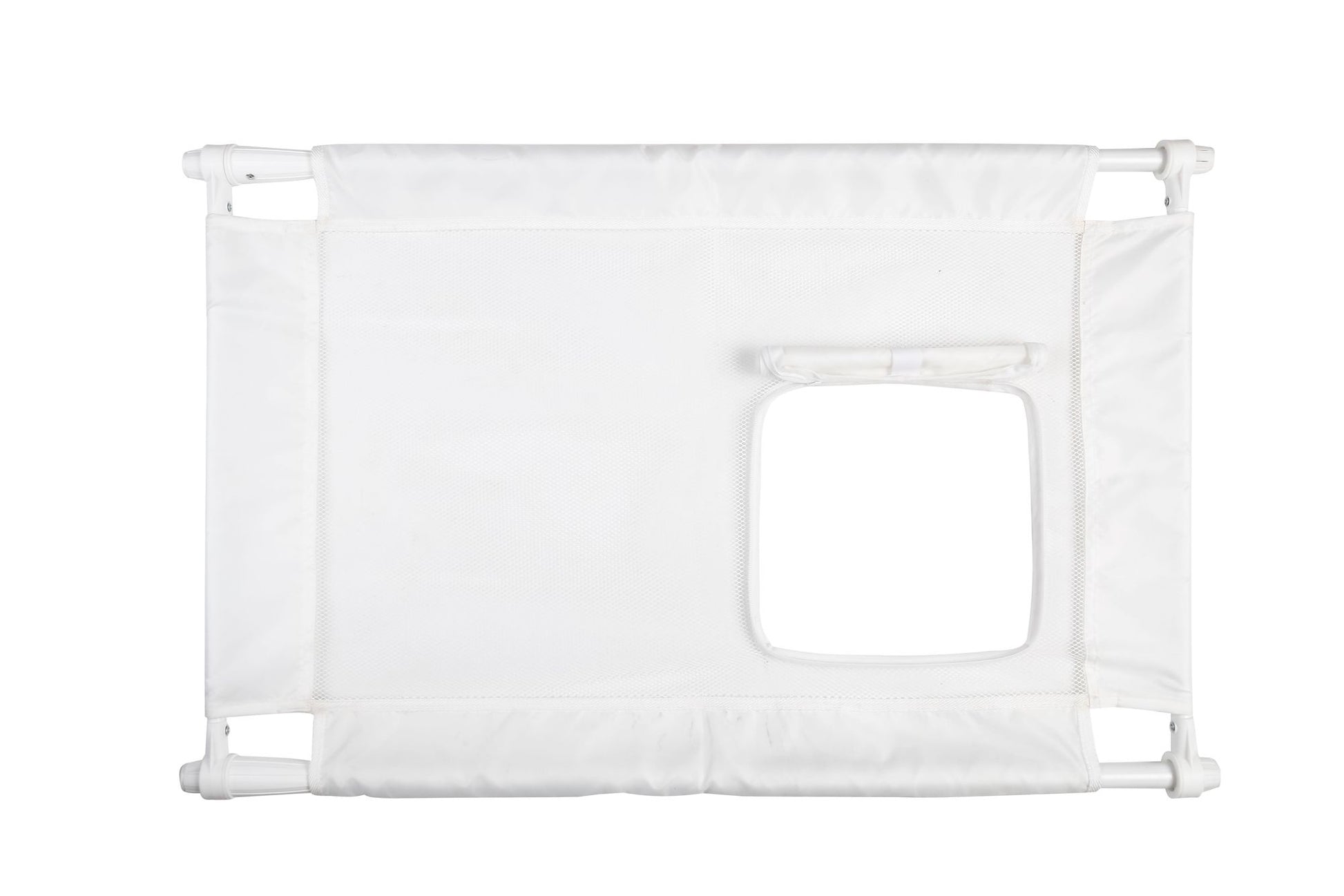 White collapsible pet gate for travel with mesh window and adjustable frame from PawCounter.com