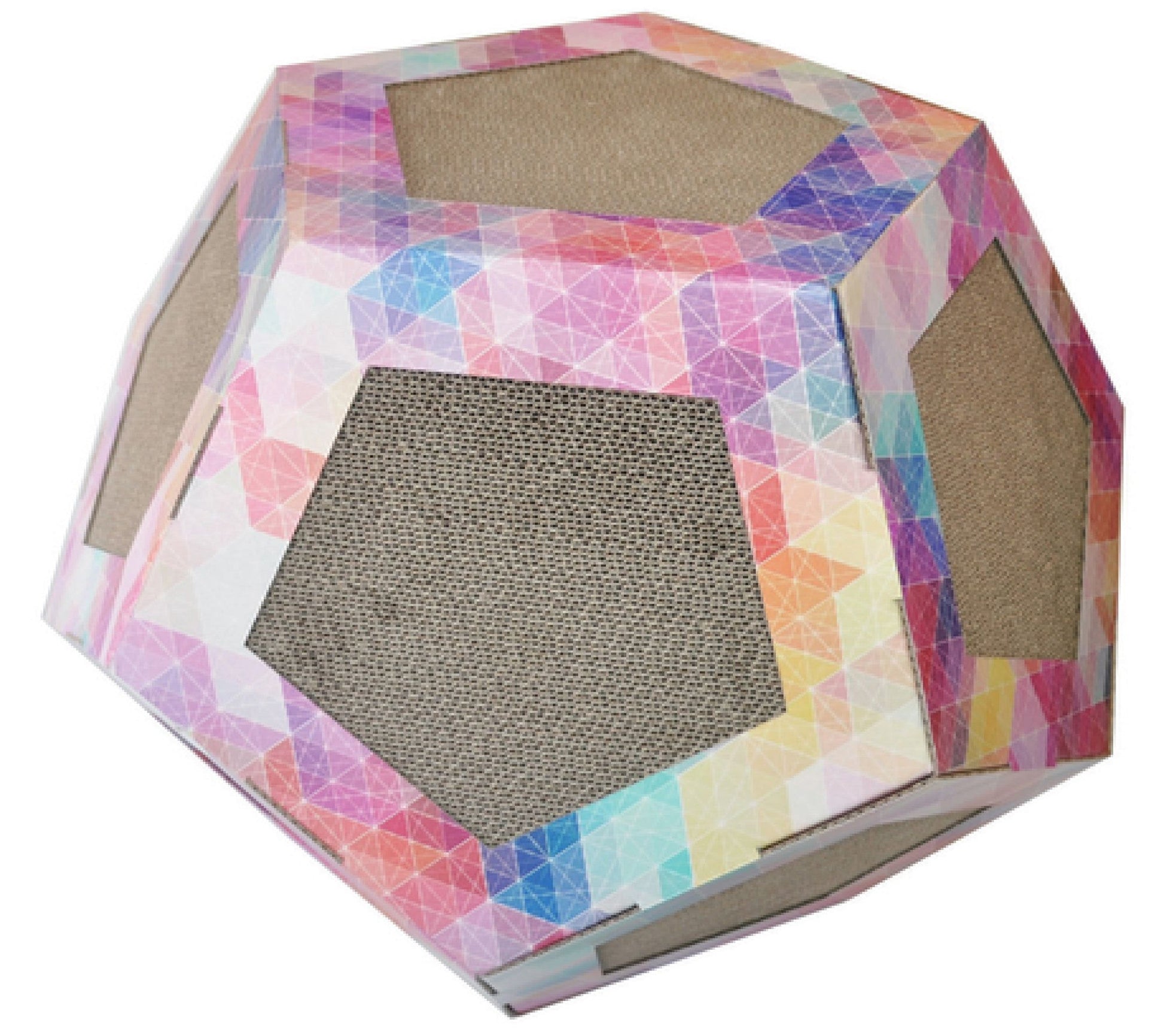 Colorful geometric collapsible cat scratcher toy with multiple scratching surfaces for cats