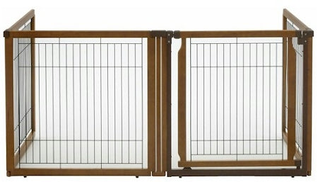 Richell convertible pet gate with wood frame and metal bars for safe pet containment
