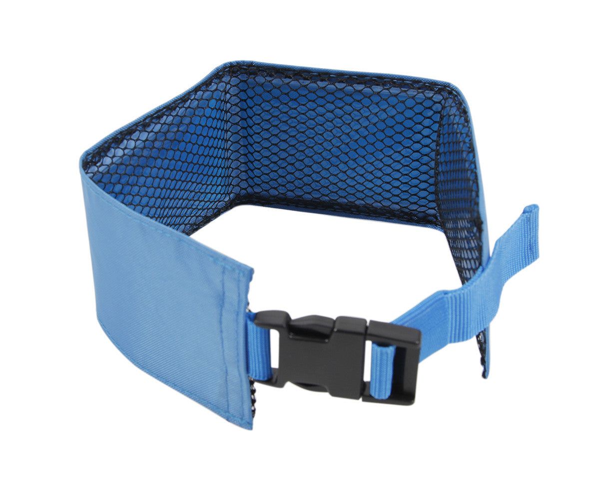 Blue cooling dog neck wrap with adjustable buckle and breathable mesh lining for pet comfort