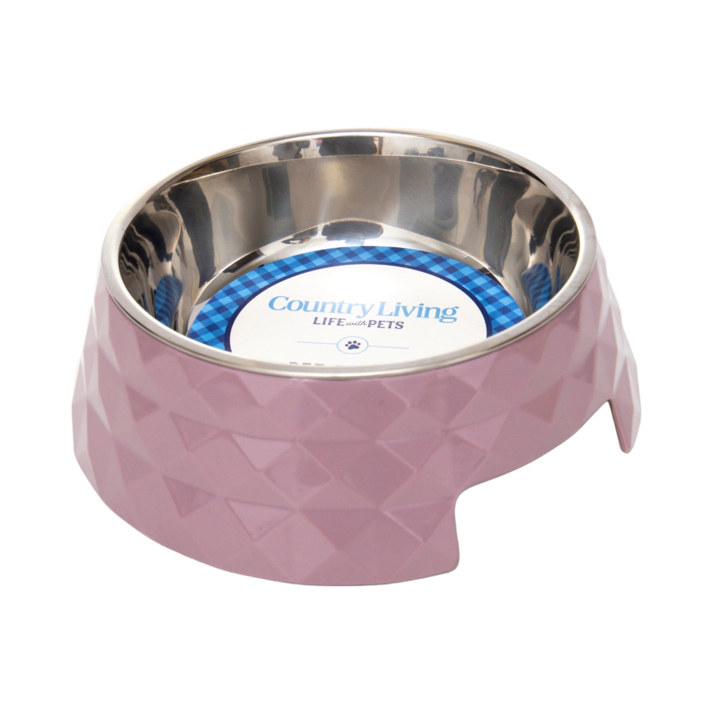 Diamond twill melamine dog bowls in pink with stainless steel interior for stylish pet feeding