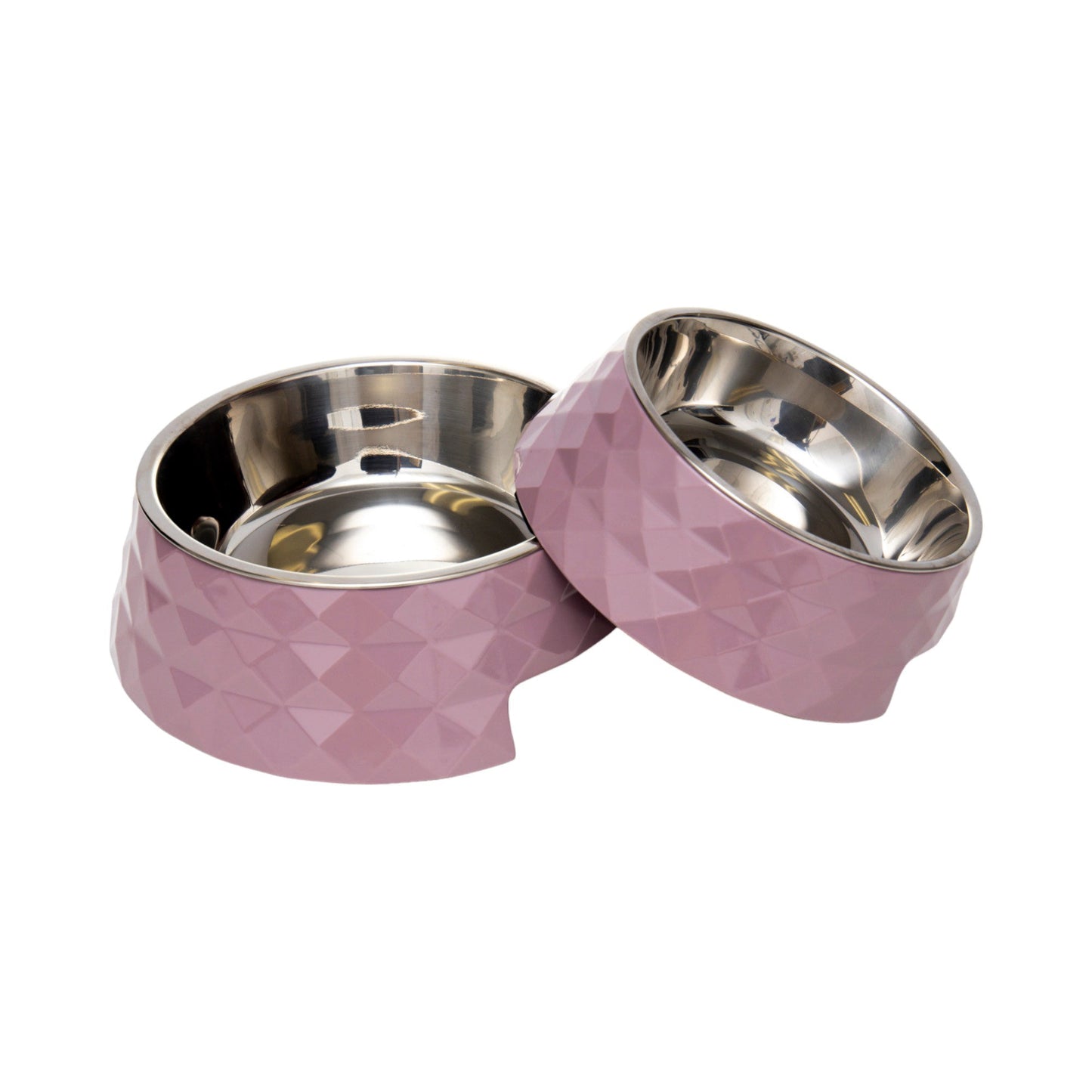 Diamond twill melamine dog bowls in pink with stainless steel inserts for stylish pet dining