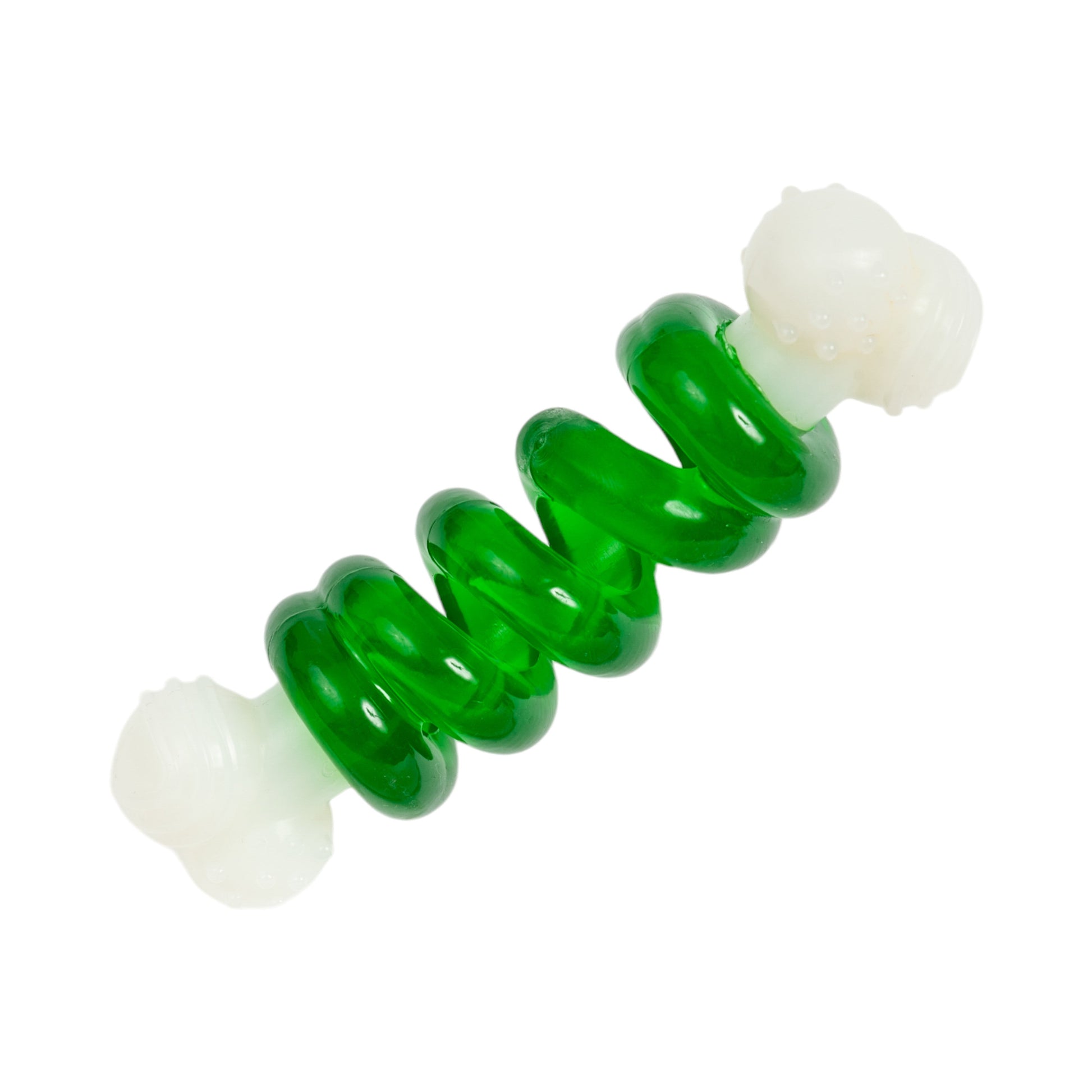 Green TPR and nylon dog chew toy with bulged balls for durable playtime and dental health
