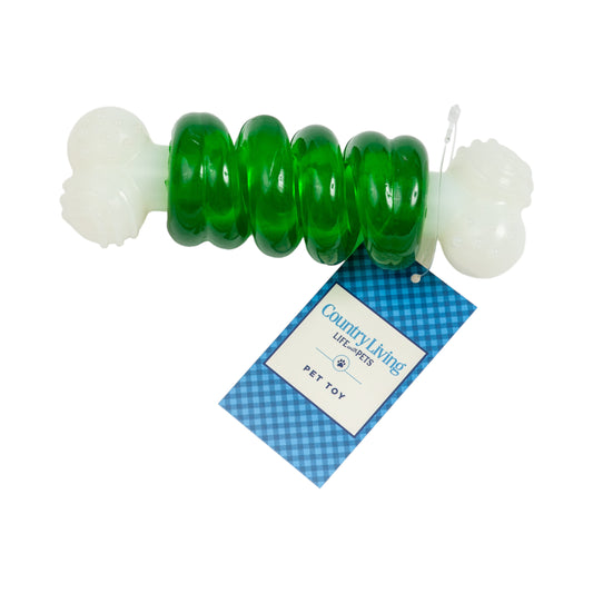 Green and white TPR/Nylon chew toy for dogs with bulged balls for playful chewing and dental health