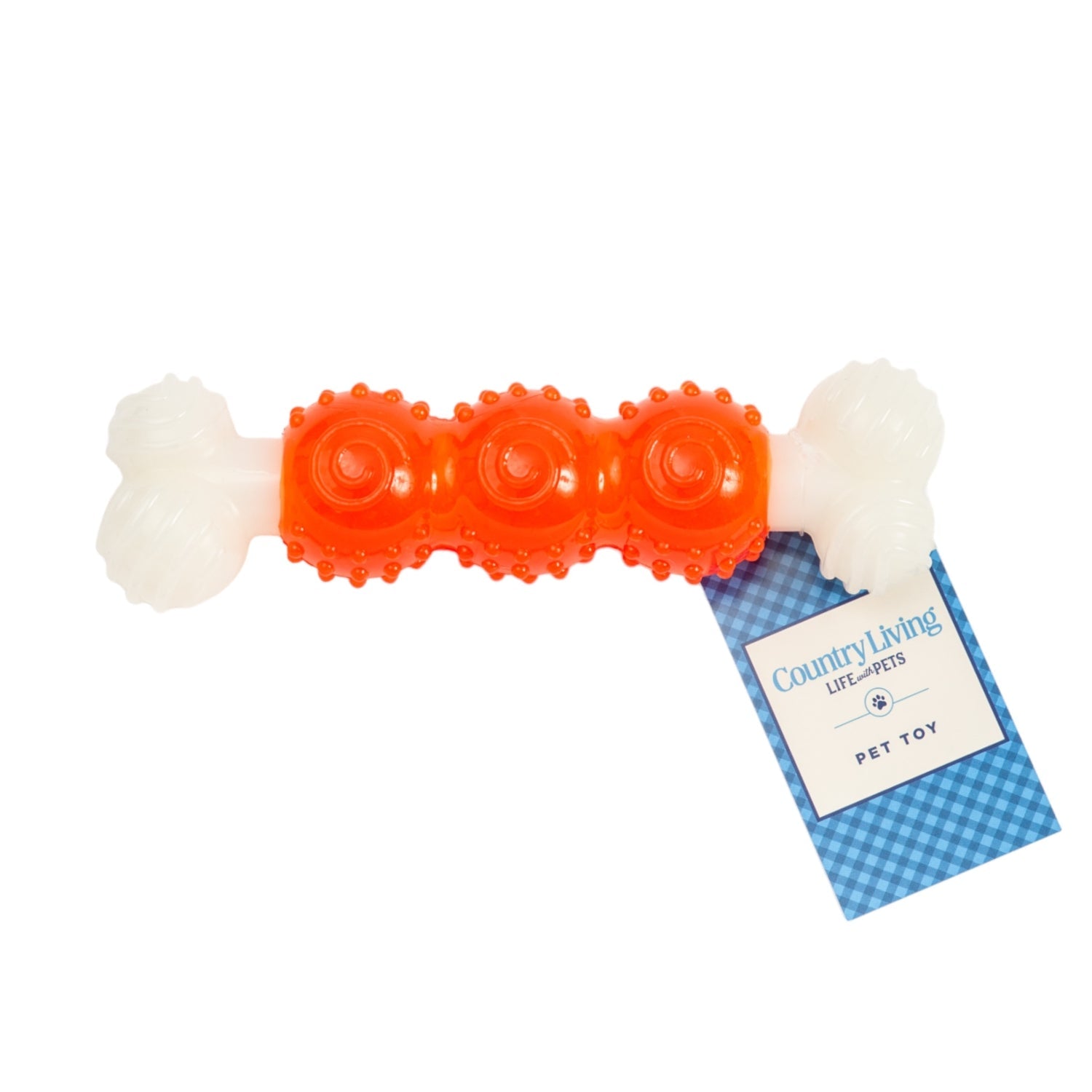 Bright orange dog chew toy with bulged balls for playful chewing and dental health