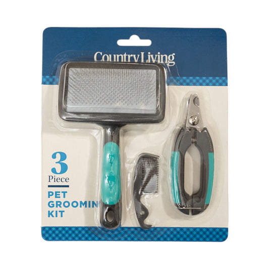 American Pet Supplies dog grooming kit with slicker brush nail clippers and comb in blue packaging