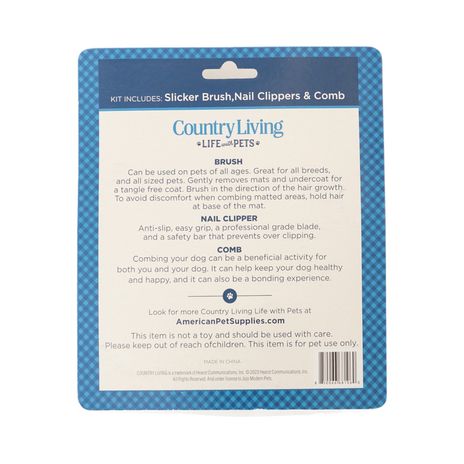 American Pet Supplies dog grooming kit packaging with slicker brush nail clippers and comb details