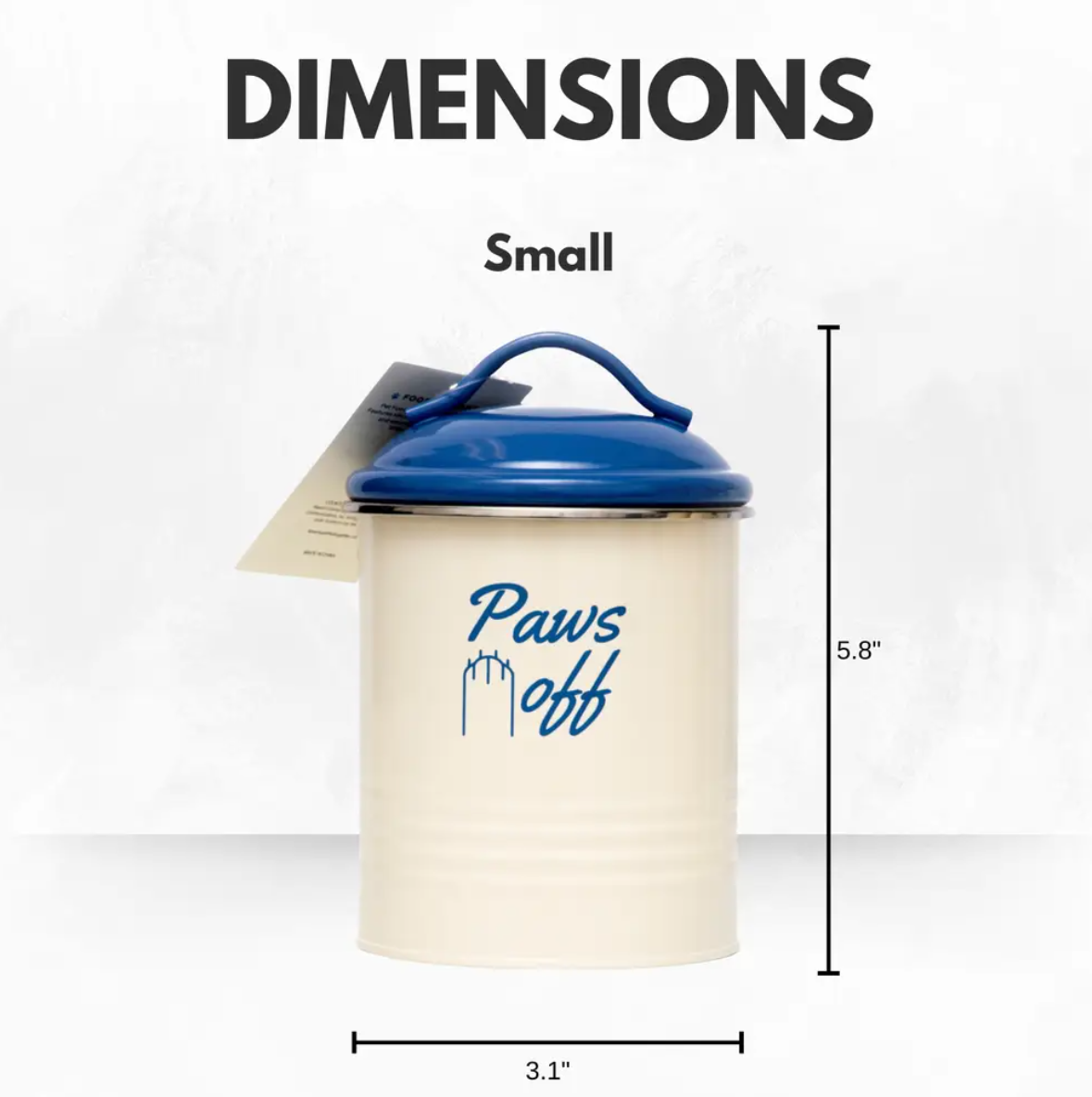 Small dog treat canister set with a blue lid and Paws Off design, measuring 5.8 inches tall