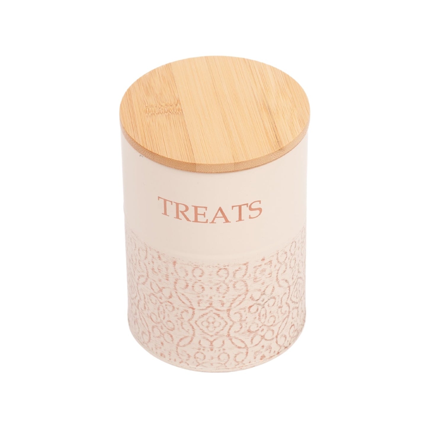 American Pet Supplies dog treat storage canisters with embossed design and bamboo lid