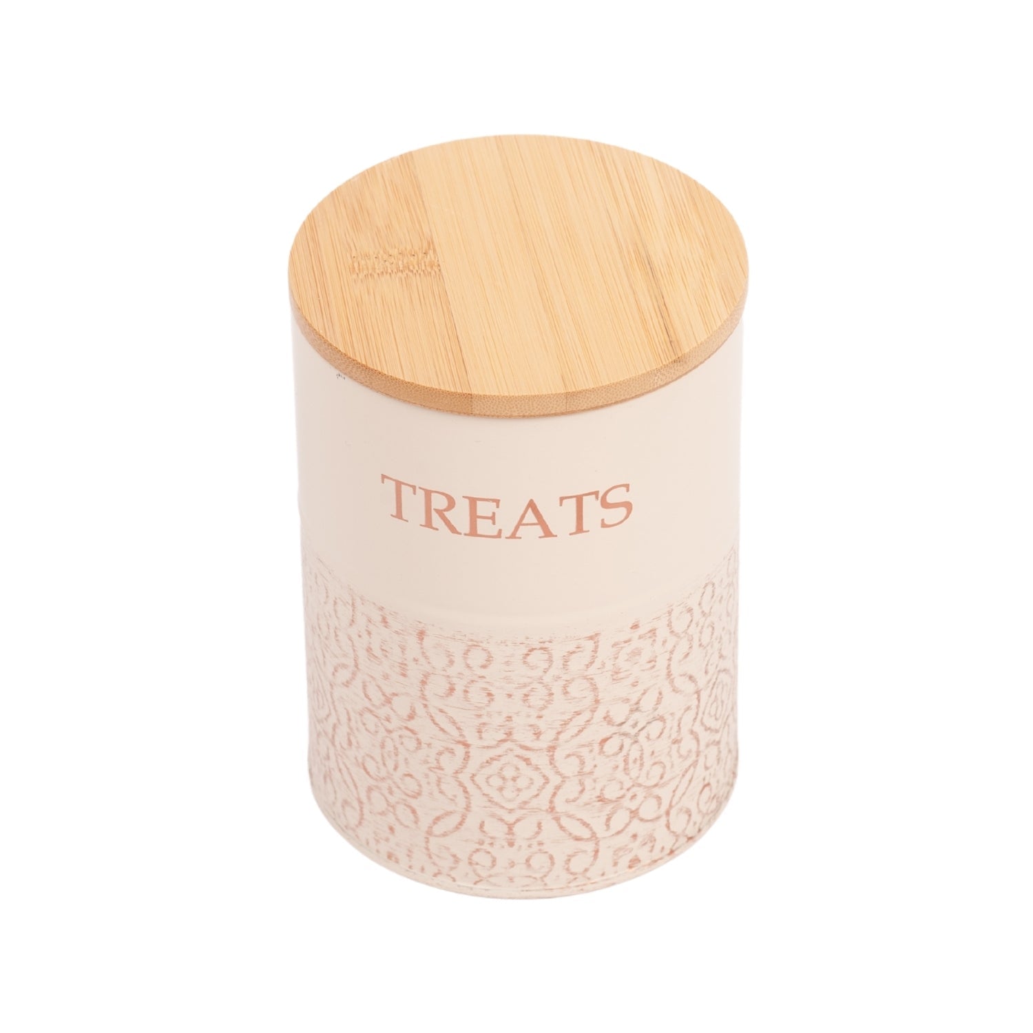 American Pet Supplies dog treat storage canisters with embossed design and bamboo lid