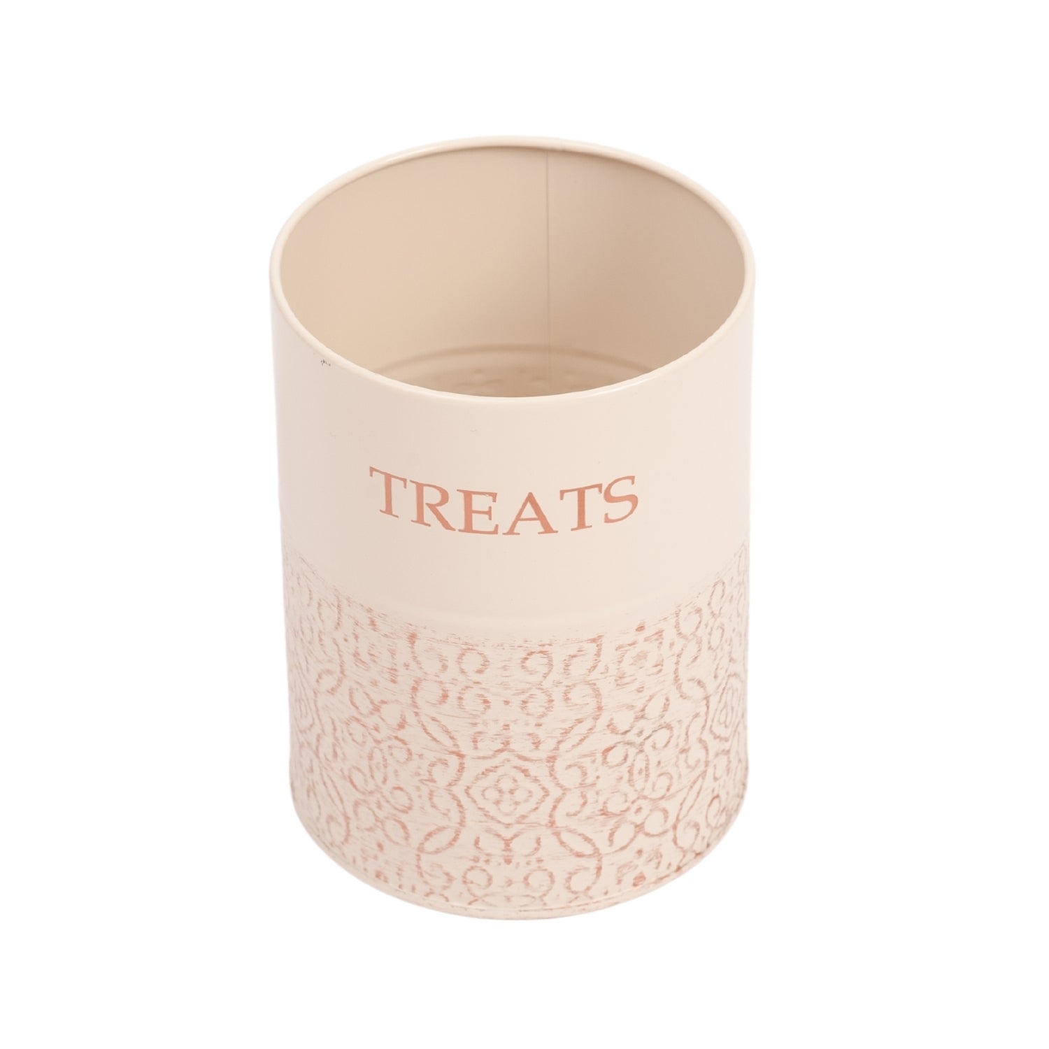 American Pet Supplies beige ceramic treat jar with decorative pattern for dog treat storage canisters