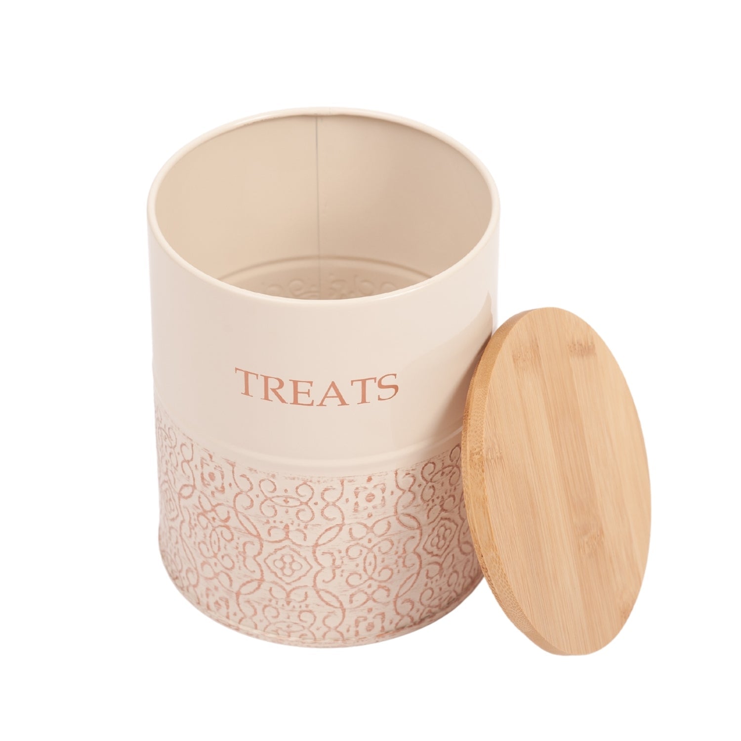 American Pet Supplies dog treat storage canisters with beige decorative jar and wooden lid