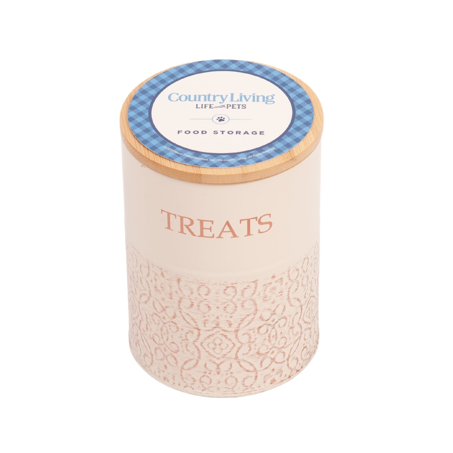 American Pet Supplies dog treat storage canisters with decorative cream and blue design and wooden lid