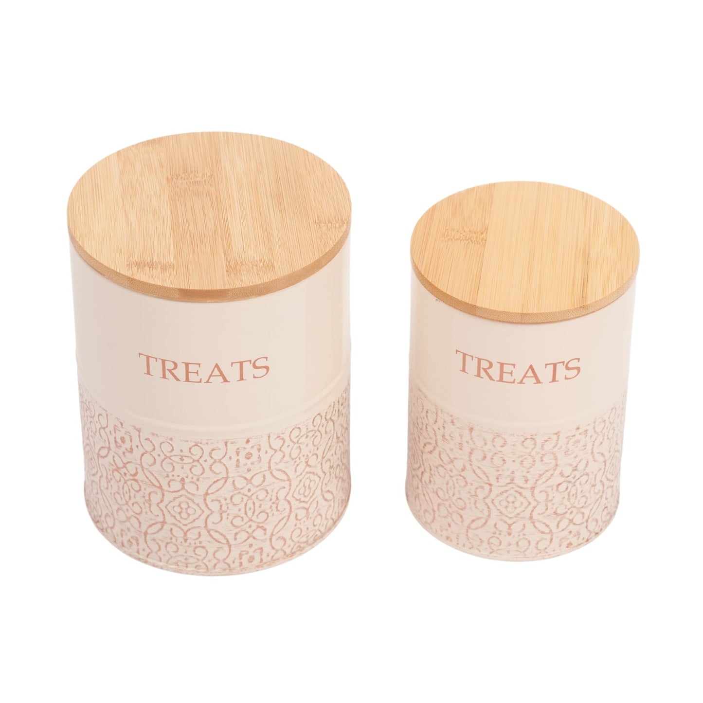 American Pet Supplies dog treat storage canisters with bamboo lids and patterned ceramic bodies set of two