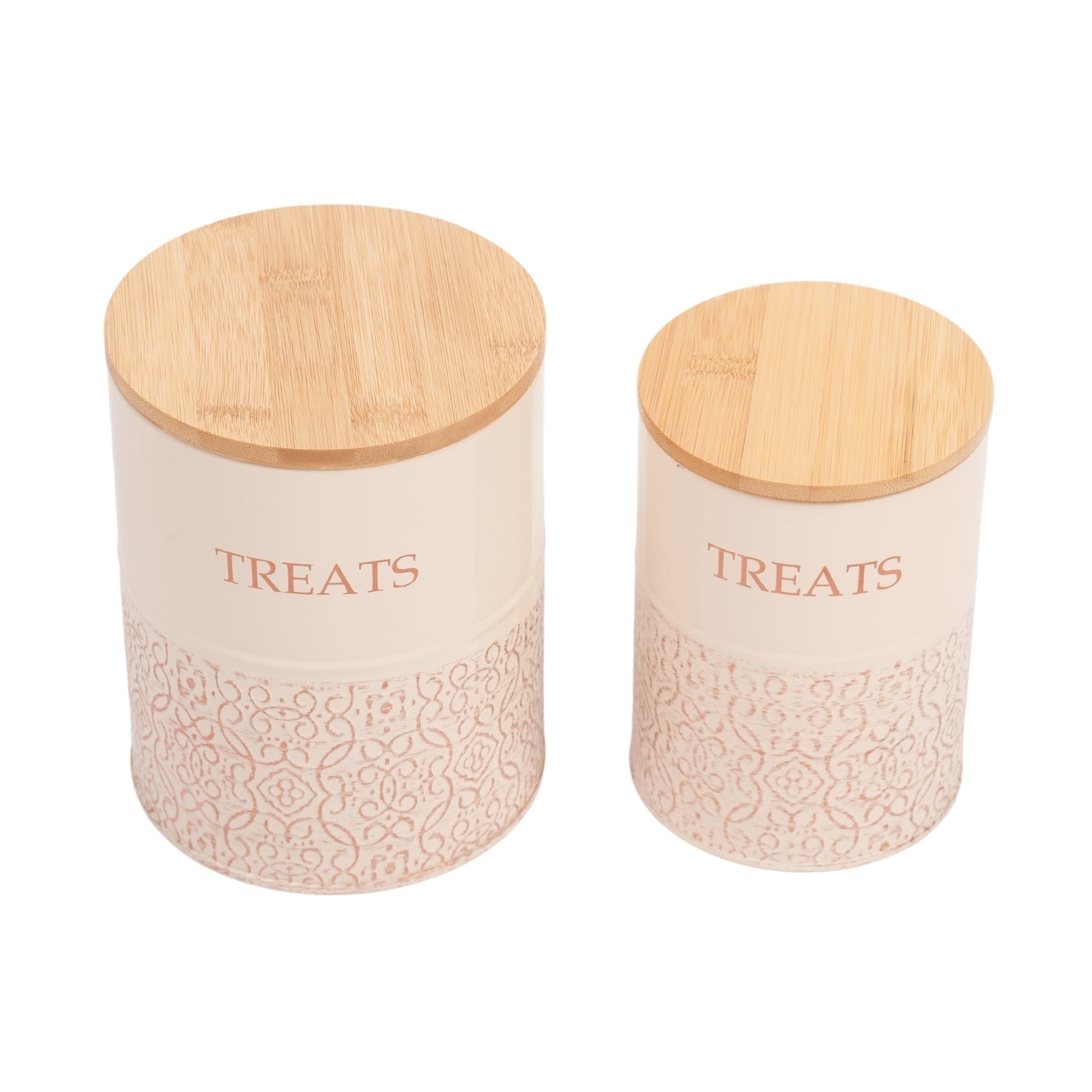 American Pet Supplies dog treat storage canisters with bamboo lids and patterned ceramic bodies set of two