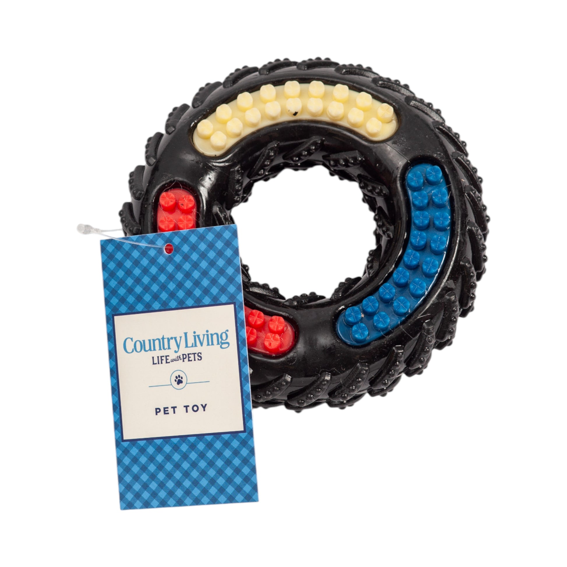 American Pet Supplies durable dog chew toy black ring with textured red blue and yellow grips