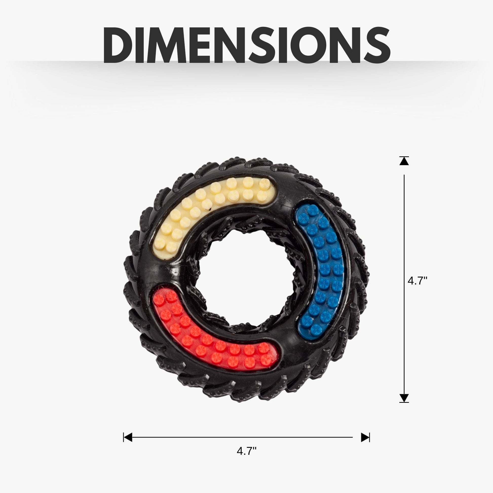 American Pet Supplies durable dog chew toy round tire shape with red blue and yellow textured grips