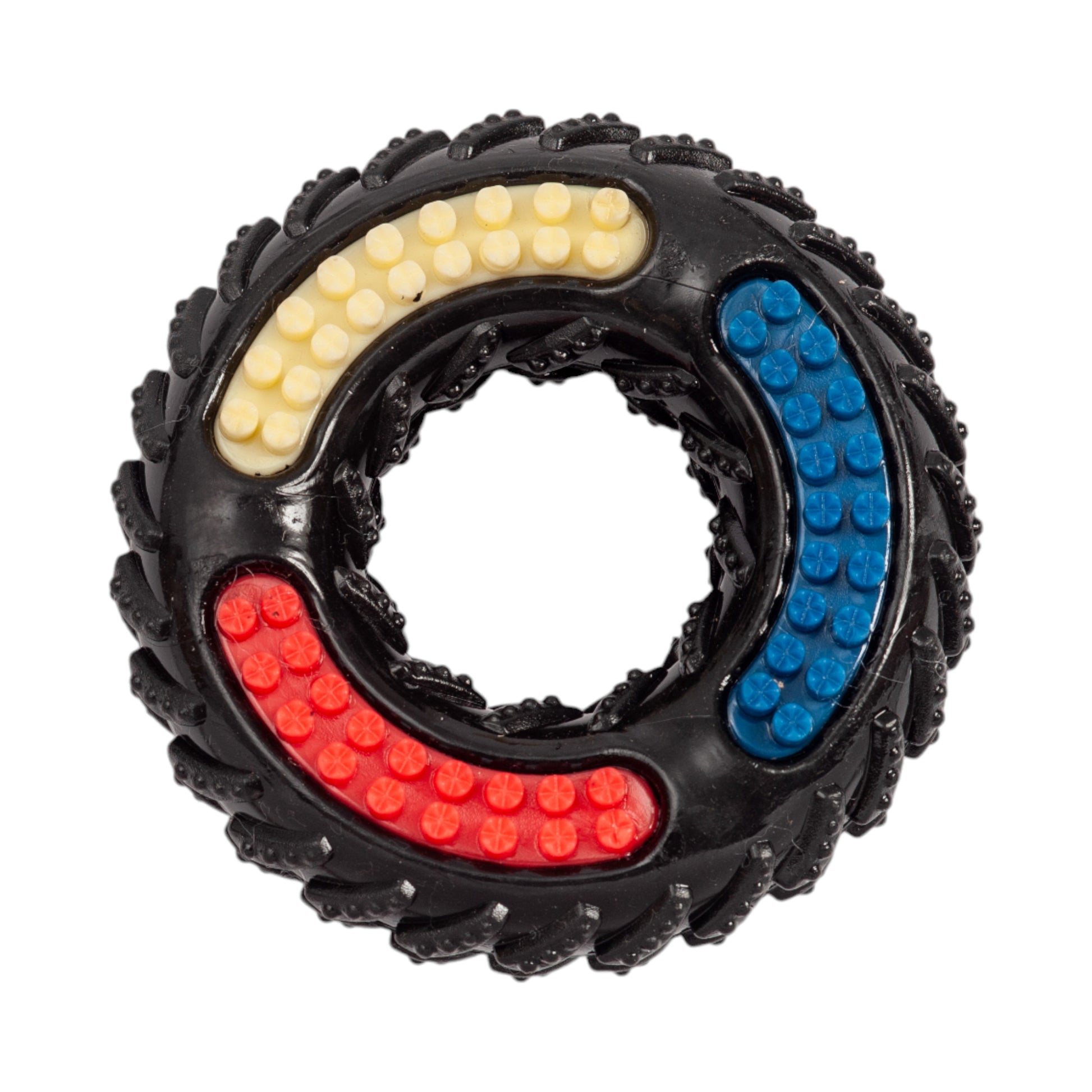 American Pet Supplies durable dog chew toy black ring with red blue and yellow textured grips