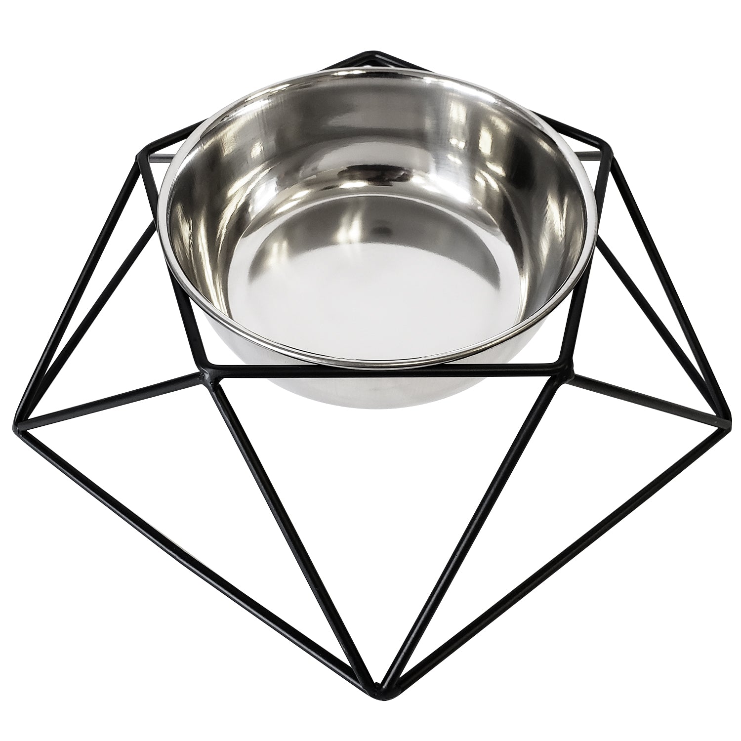 American Pet Supplies elevated dog bowl feeder with black geometric metal frame and stainless steel bowl