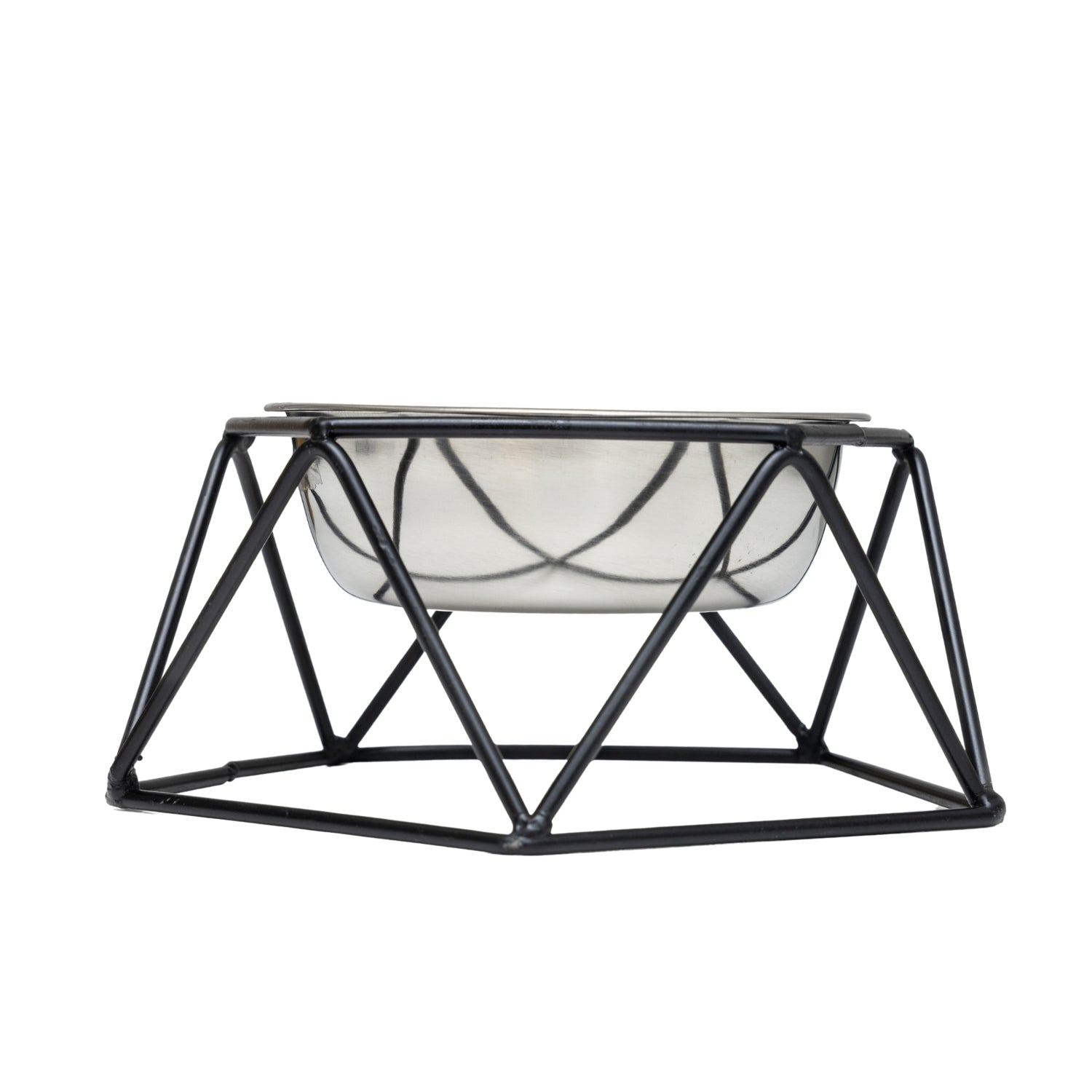 American Pet Supplies elevated dog bowl feeder with a black geometric metal frame and stainless steel bowl