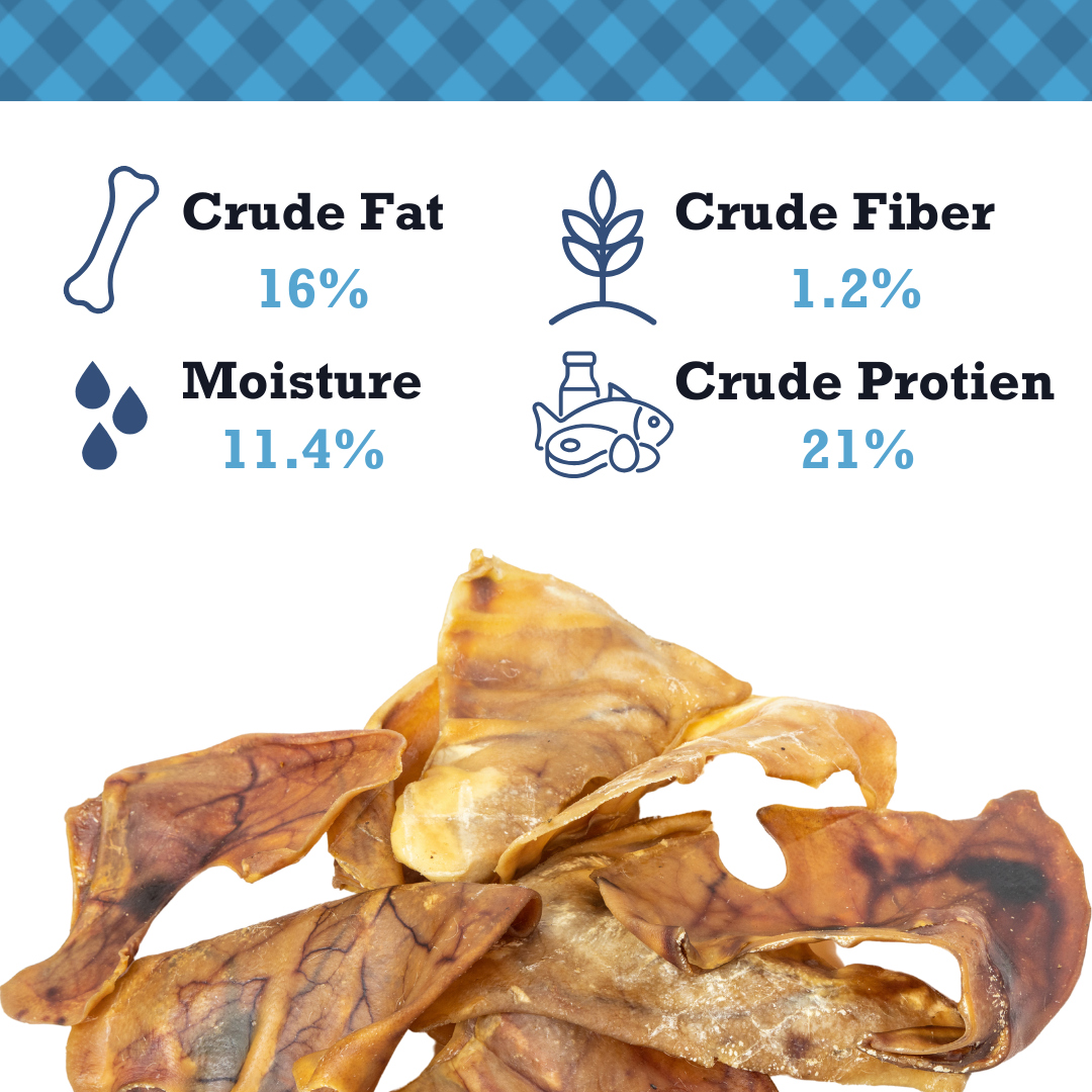 Natural pig ears dog treats with nutritional information on crude fat, fiber, and moisture content