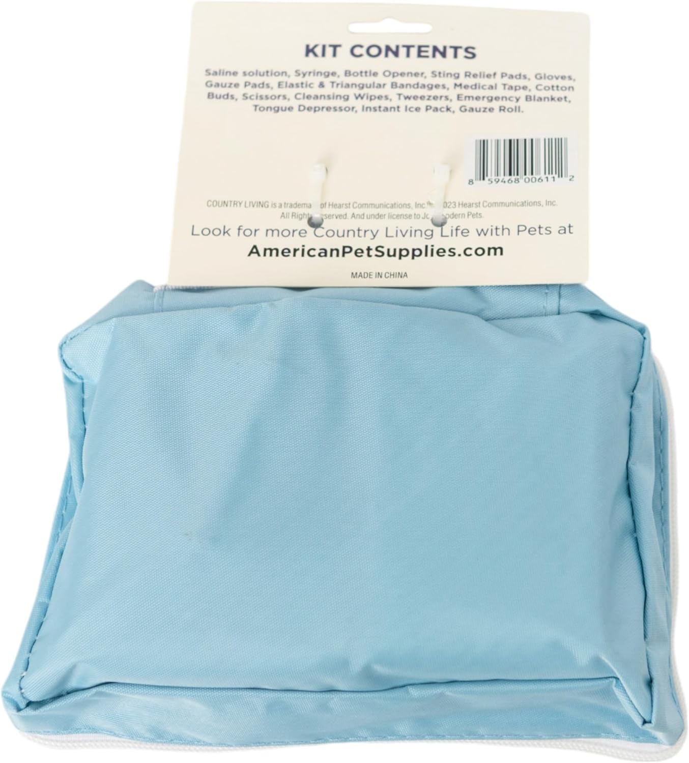 American Pet Supplies pet travel first aid kit in a light blue pouch with kit contents label