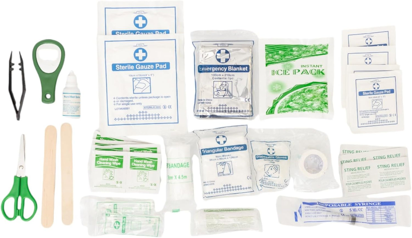 American Pet Supplies pet travel first aid kit with gauze pads, scissors, tweezers, emergency blanket, and medical tape