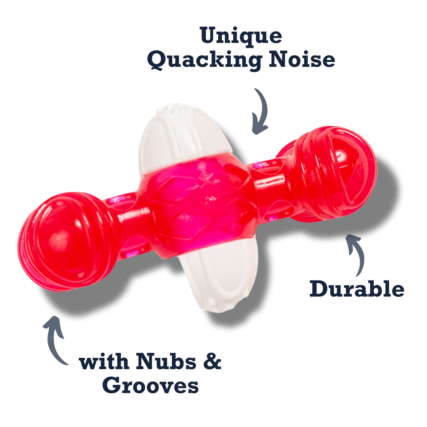 Durable quacking bone dog chew toy with nubs and grooves for unique sounds during playtime