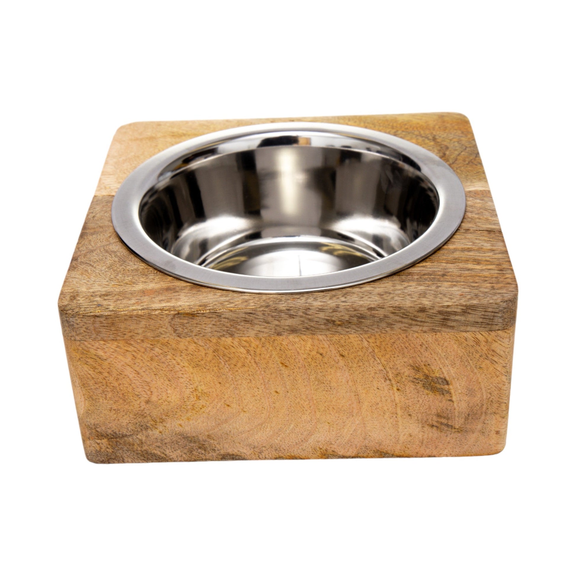 Stainless steel dog bowl with wood holder made of natural mangowood by American Pet Supplies