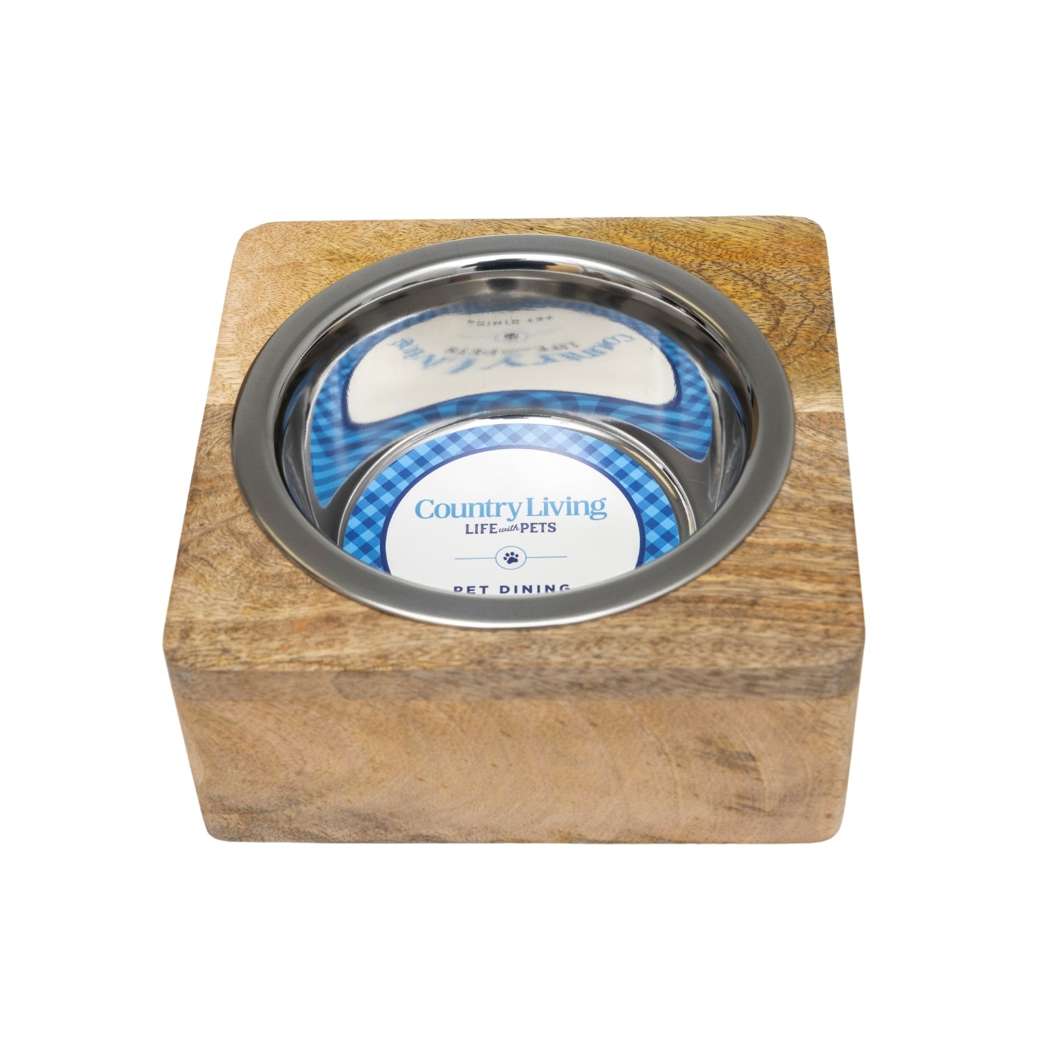 Stainless steel dog bowl with wood holder from American Pet Supplies mangowood bowls