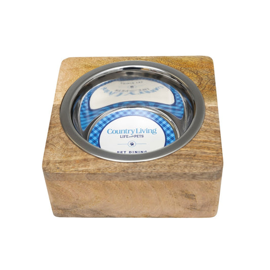 Stainless steel dog bowl with wood holder from American Pet Supplies mangowood bowls