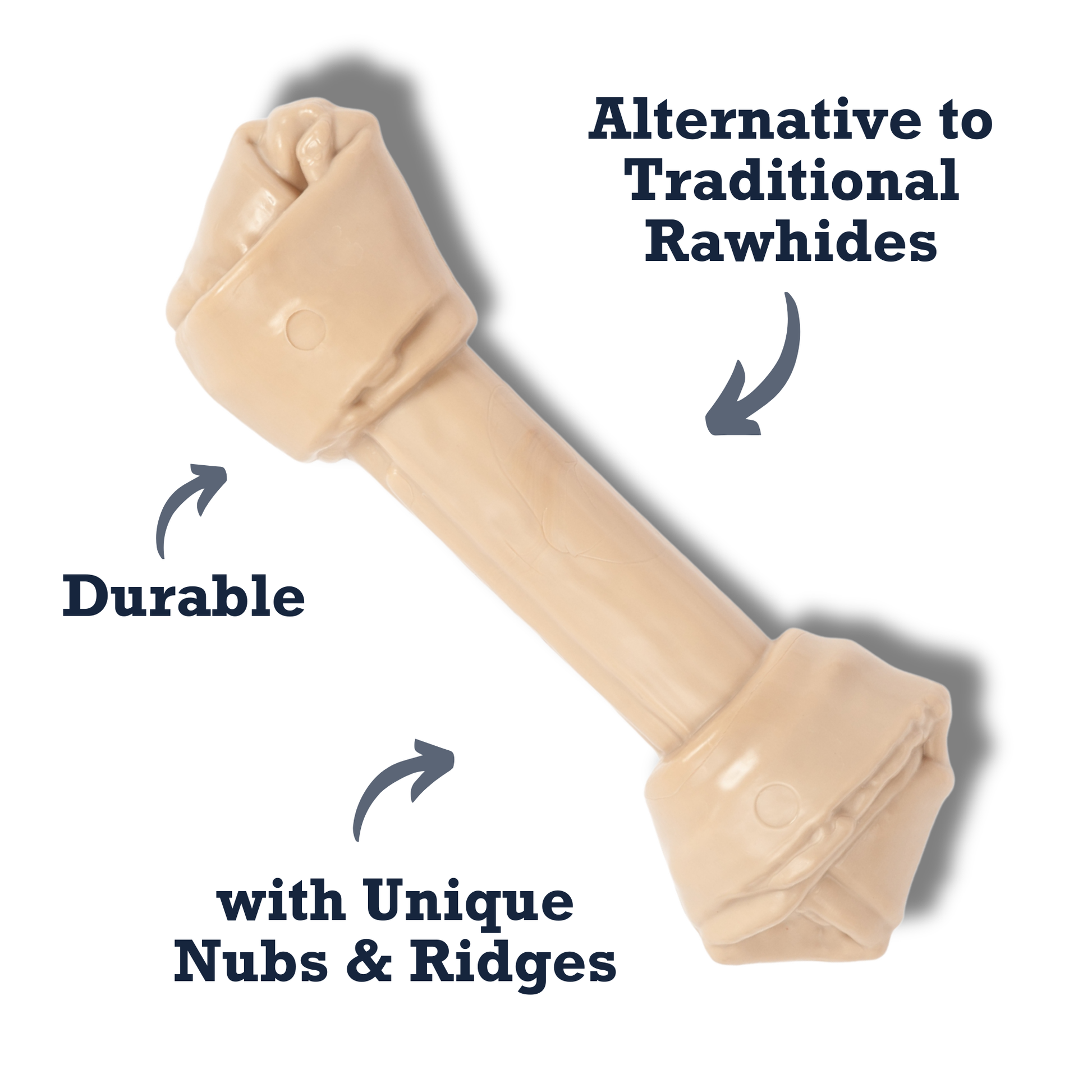 Durable nylon bone dog chew toy with unique nubs and ridges, alternative to traditional rawhides