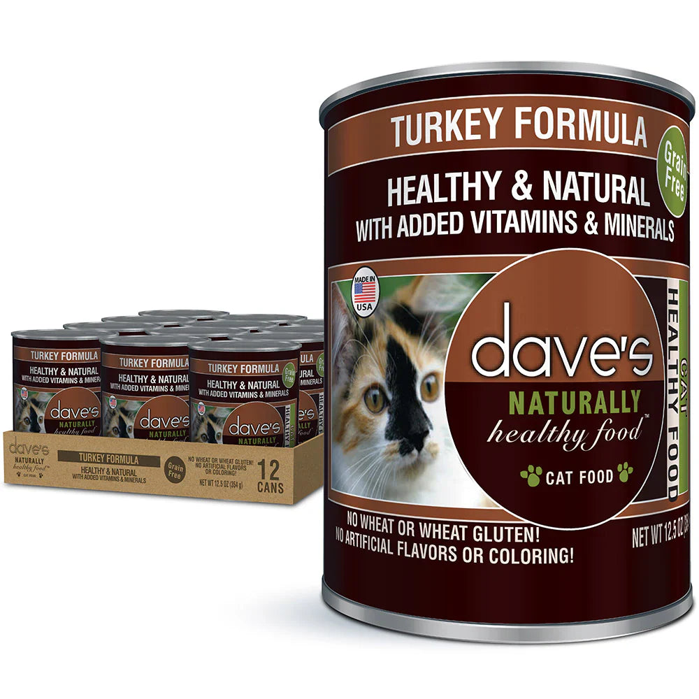Dave's Naturally Healthy Food turkey paté wet cat food cans with added vitamins and minerals