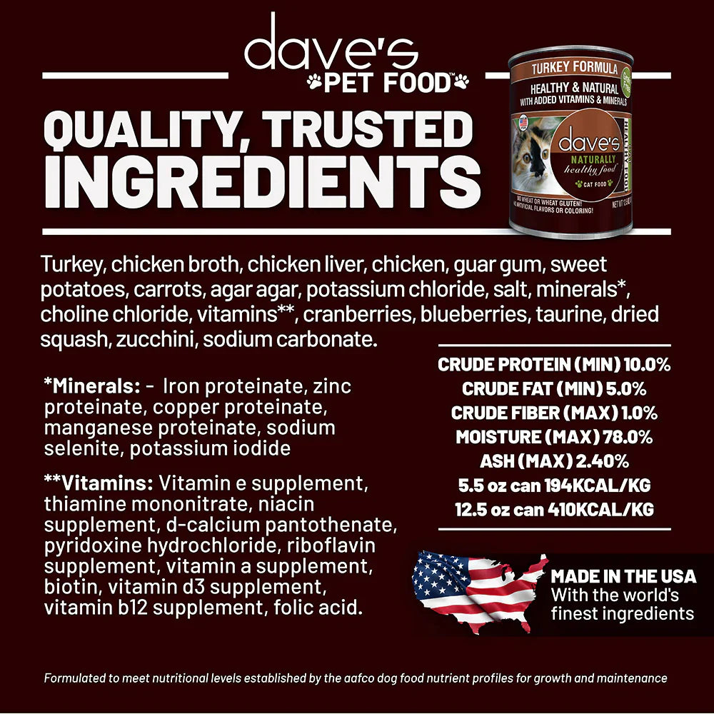 Dave's Pet Food turkey paté wet cat food can with quality trusted ingredients and nutritional information