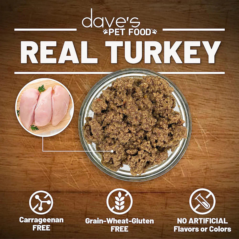 Dave's Pet Food real turkey paté wet cat food shown in a bowl with turkey meat inset