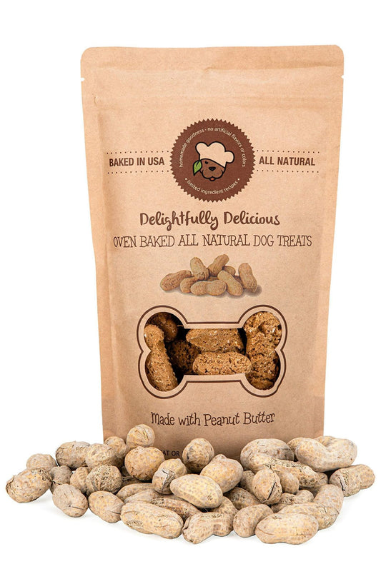 PawCounter.com all natural dog treats USA in a brown resealable bag with peanut butter flavor and peanuts around