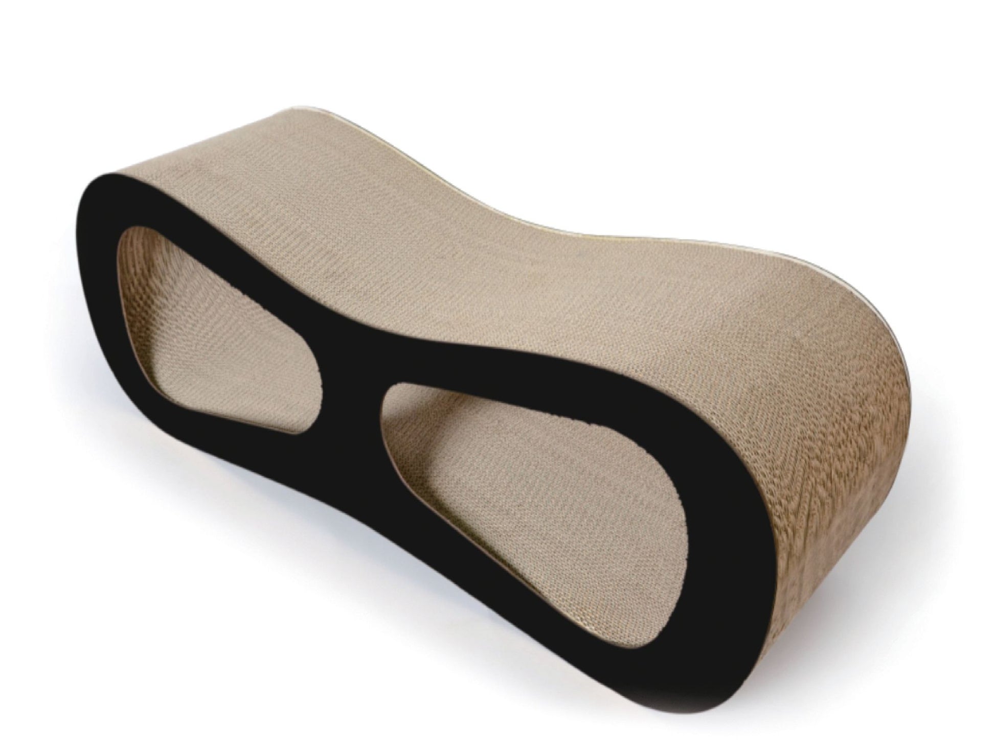 Designer cat scratcher lounger with curved black frame and beige textured scratching surface