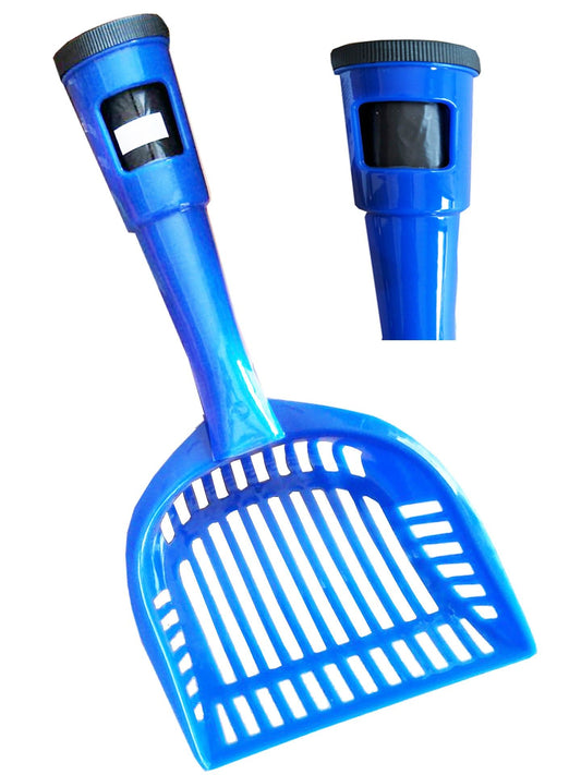 Blue dog and cat pooper scooper with bag dispenser showing handle and bag compartment