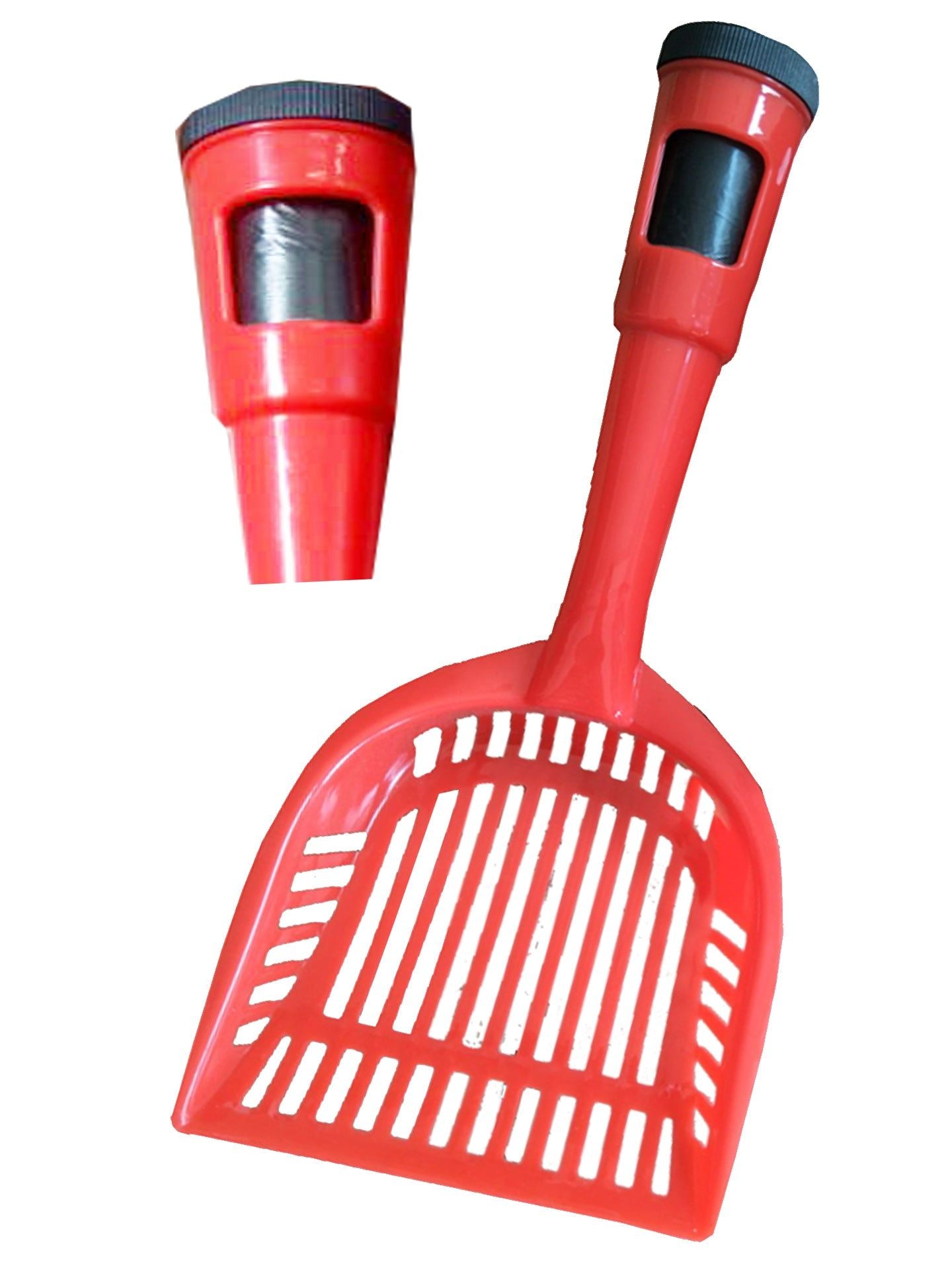 Red dog and cat pooper scooper with bag dispenser for easy pet waste cleanup