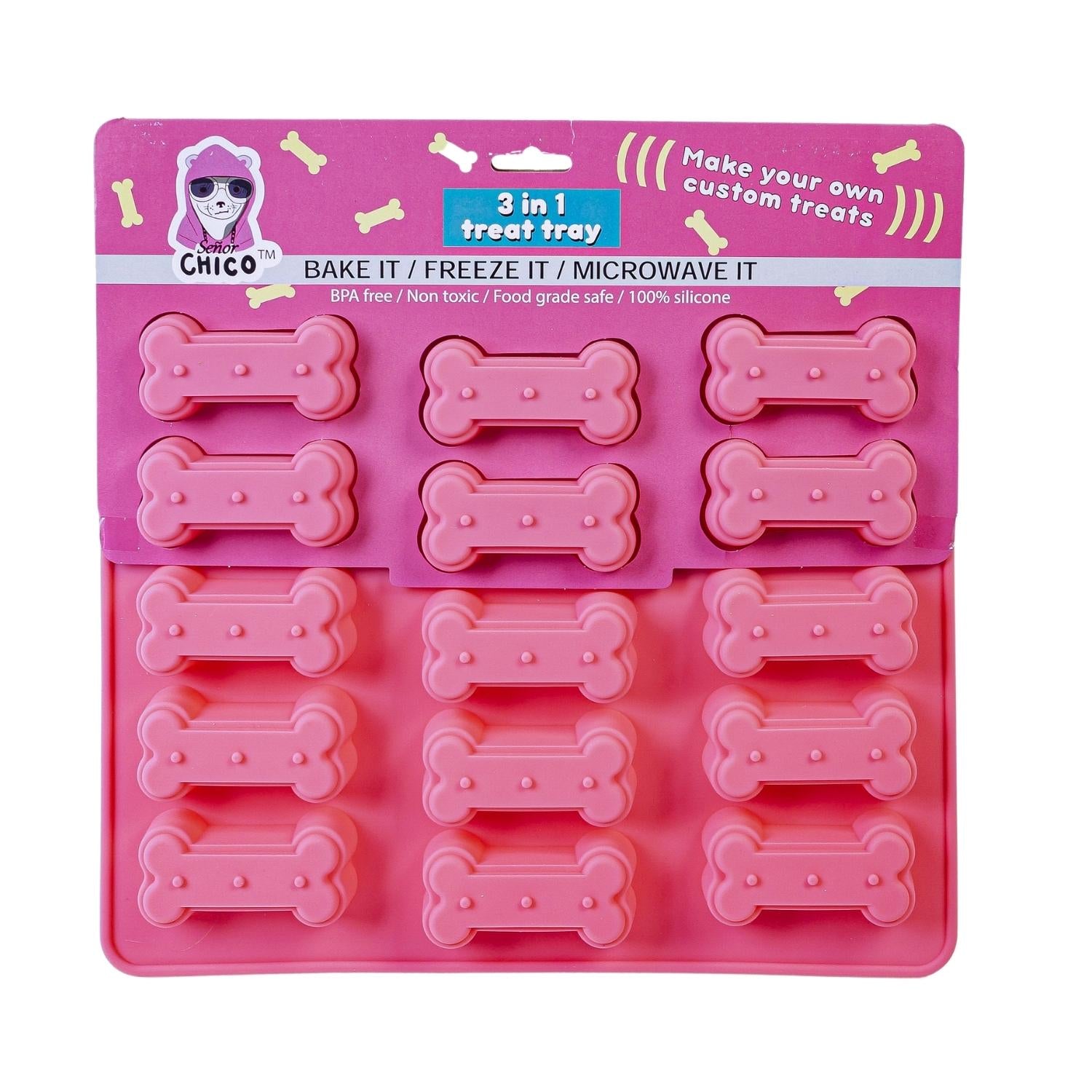 Pink dog bone silicone treat baking tray with 12 molds for making dog treats at home