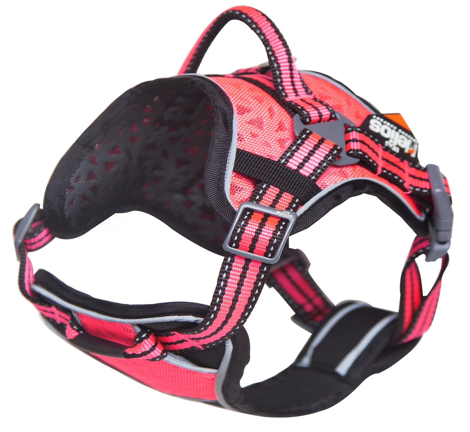 Red and black dog chest compression harness with adjustable straps and padded chest support