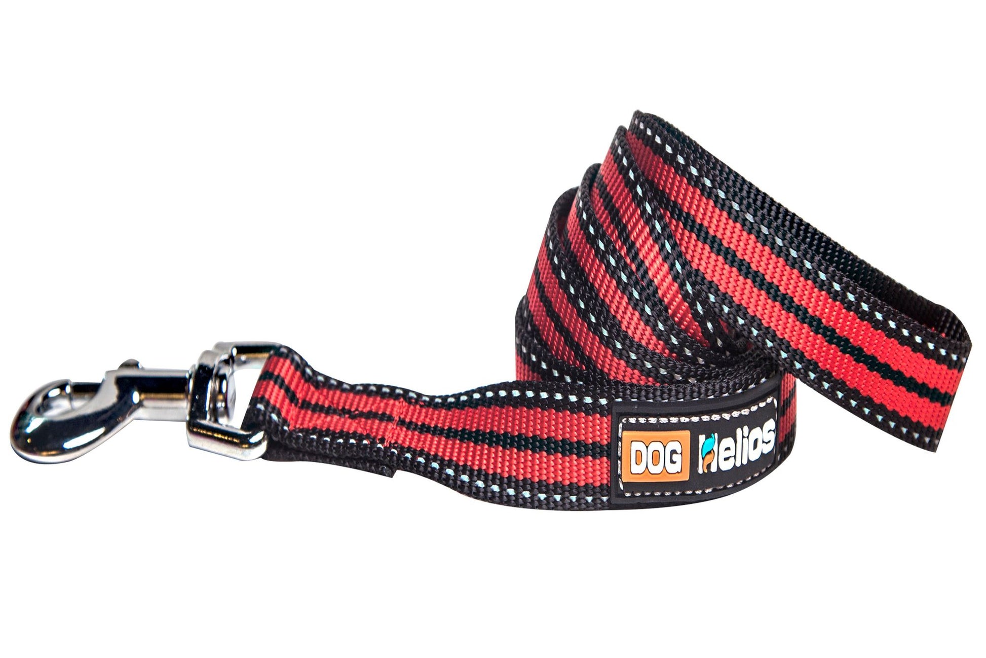 Red and black striped dog leash with metal clasp from PawCounter.com for secure walking