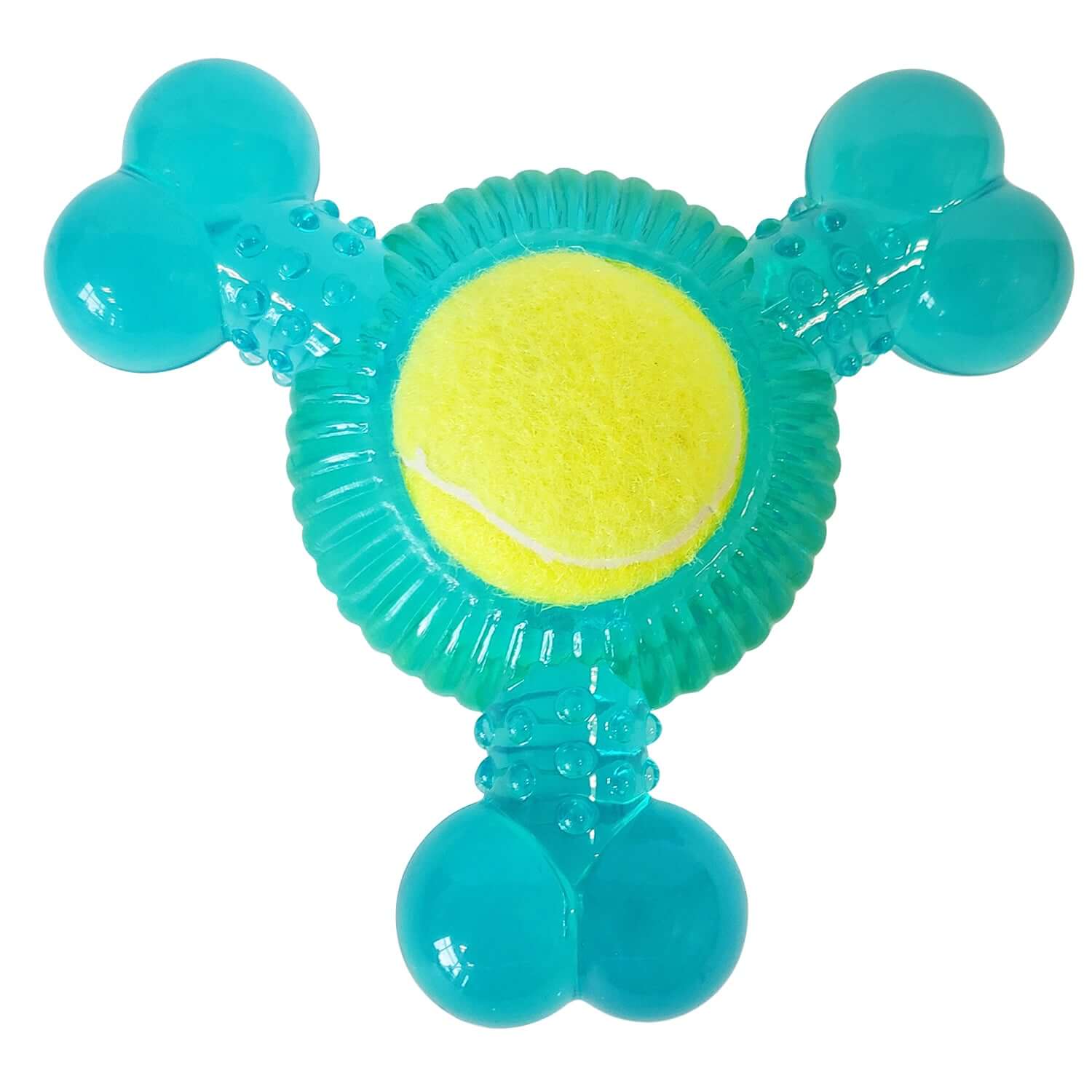 TPR dog chew toy with squeaker and tennis ball in blue and yellow for interactive playtime